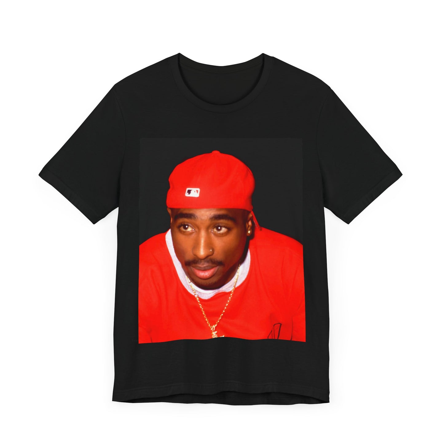 A black graphic t-shirt featuring a fierce graphic related to Tupac's 'California Love' song or era.