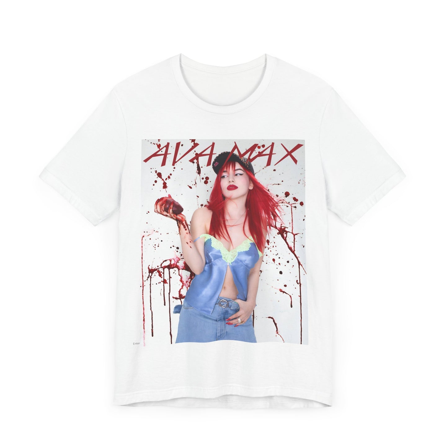 A black graphic t-shirt featuring a bold and vibrant pop art style graphic of Ava Max.