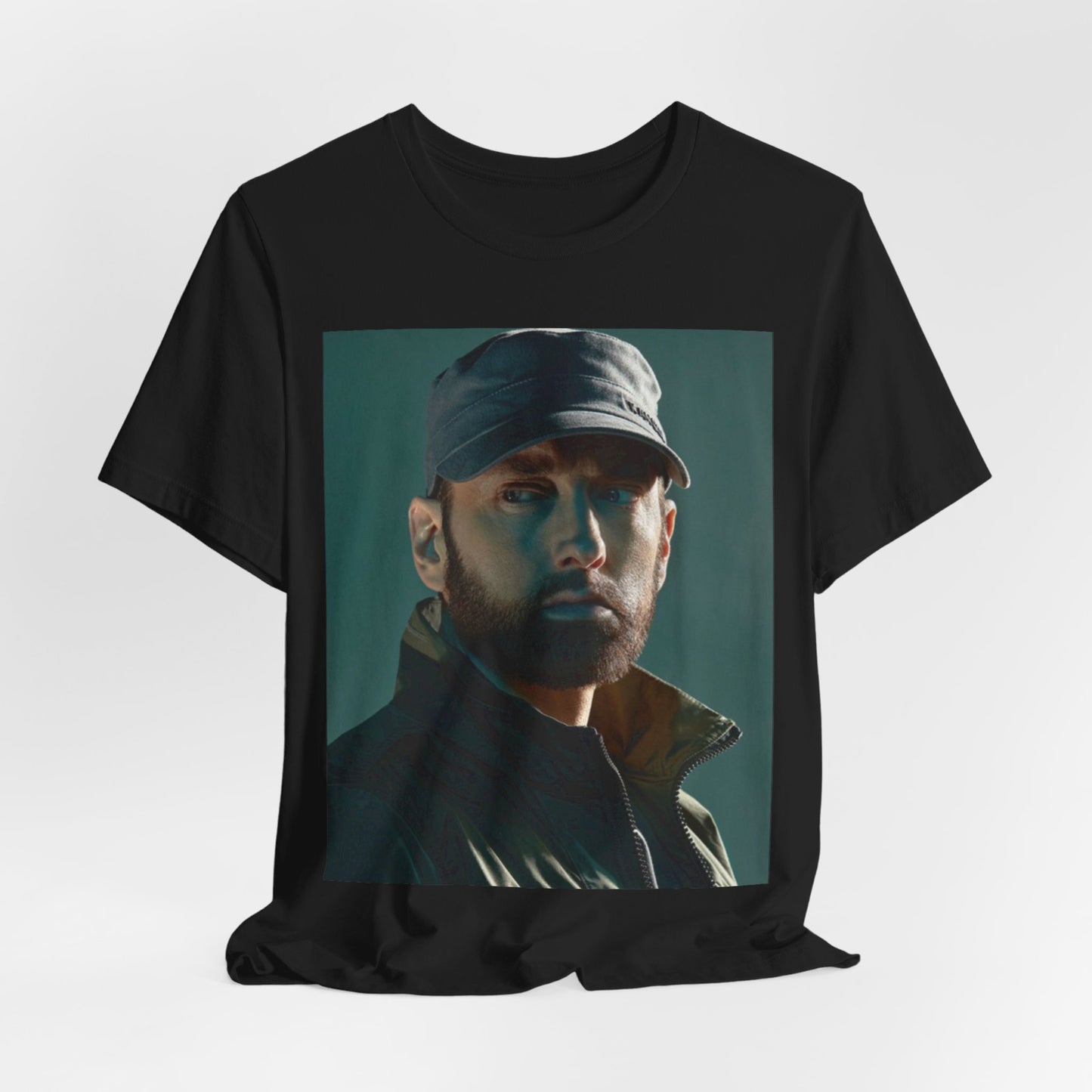 A black graphic t-shirt featuring a graphic of Eminem as a rap genius.