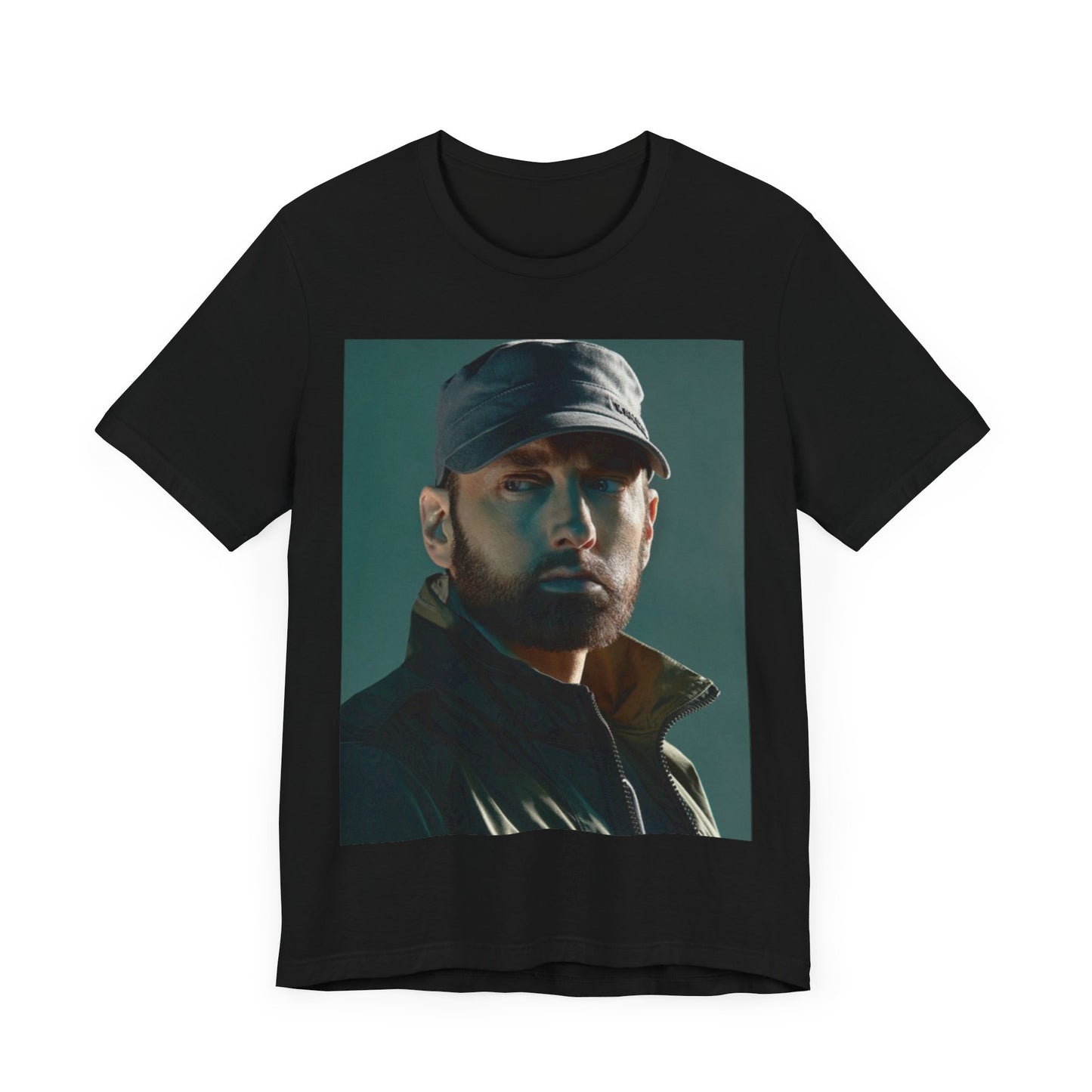 A black graphic t-shirt featuring a graphic of Eminem as a rap genius.