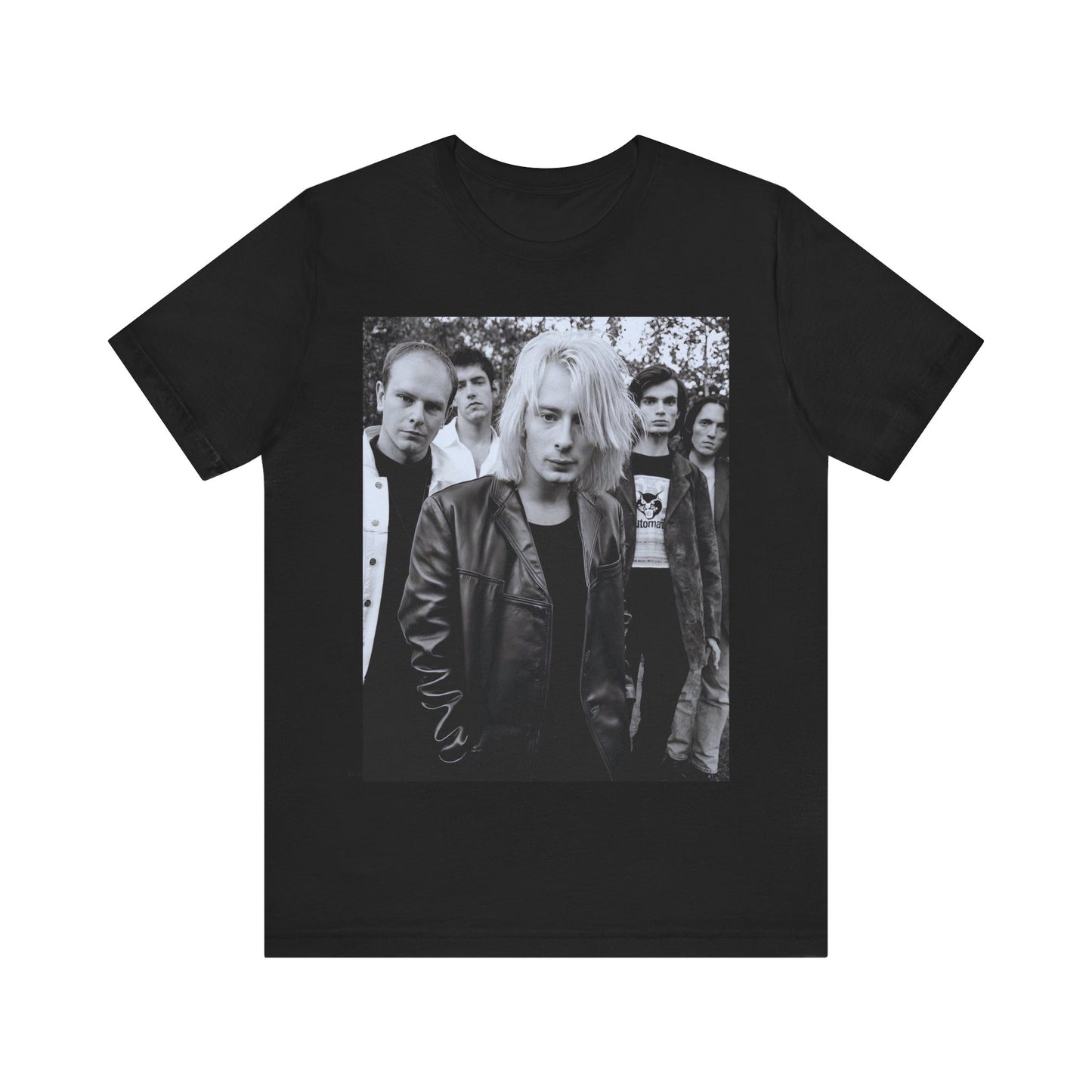 A black graphic t-shirt featuring a cool experimental rock graphic of Radiohead.
