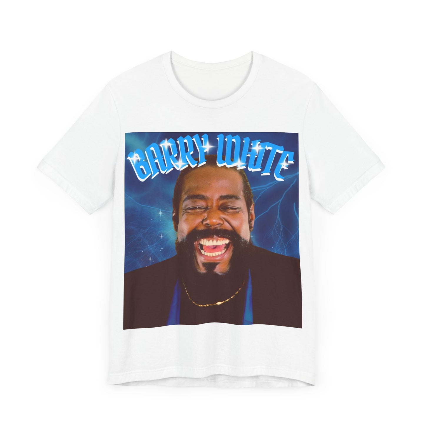A black graphic t-shirt featuring a vintage 70s-style graphic of Barry White, emphasizing his smooth, iconic look.