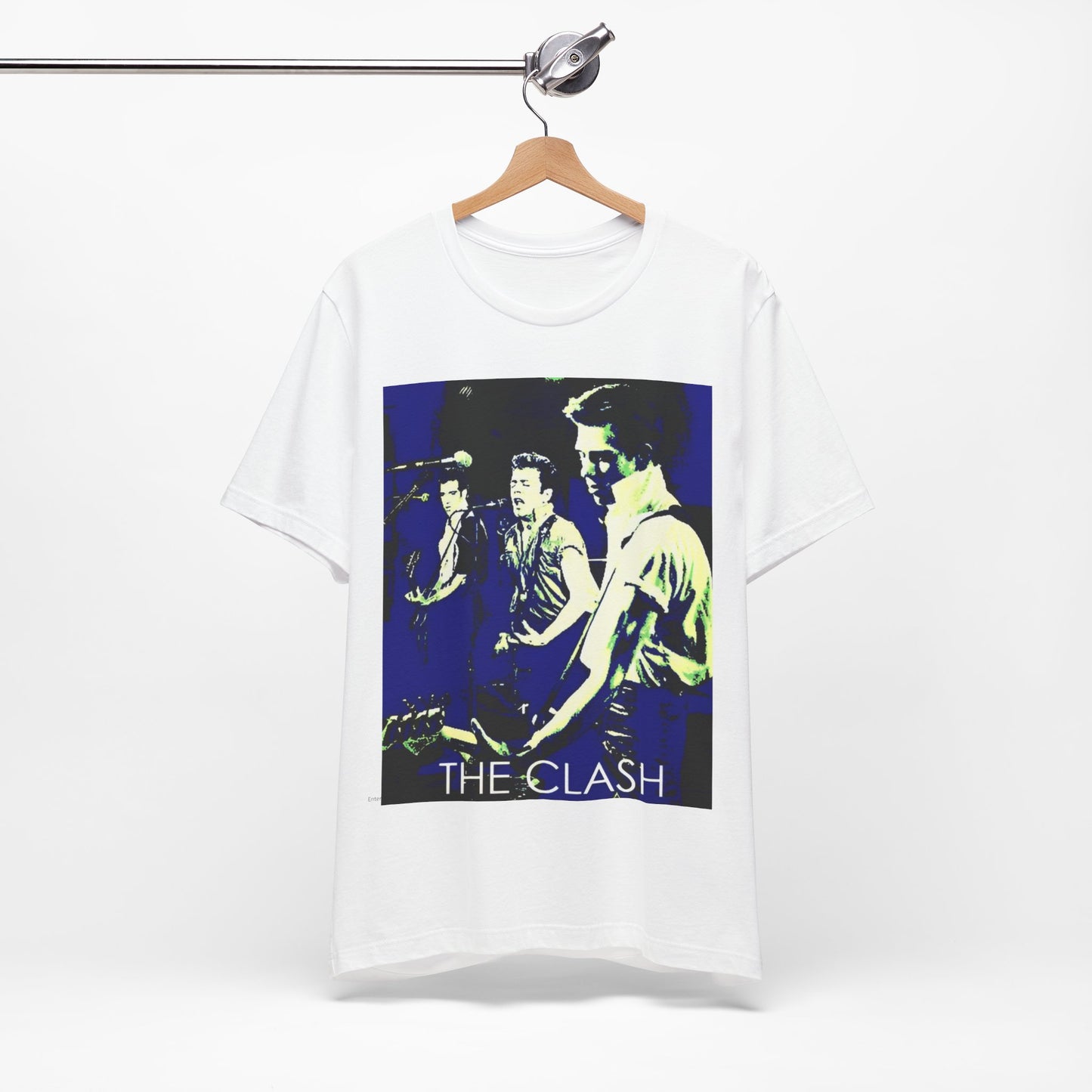A black graphic t-shirt featuring a 70s aesthetic punk rock graphic of The Clash.