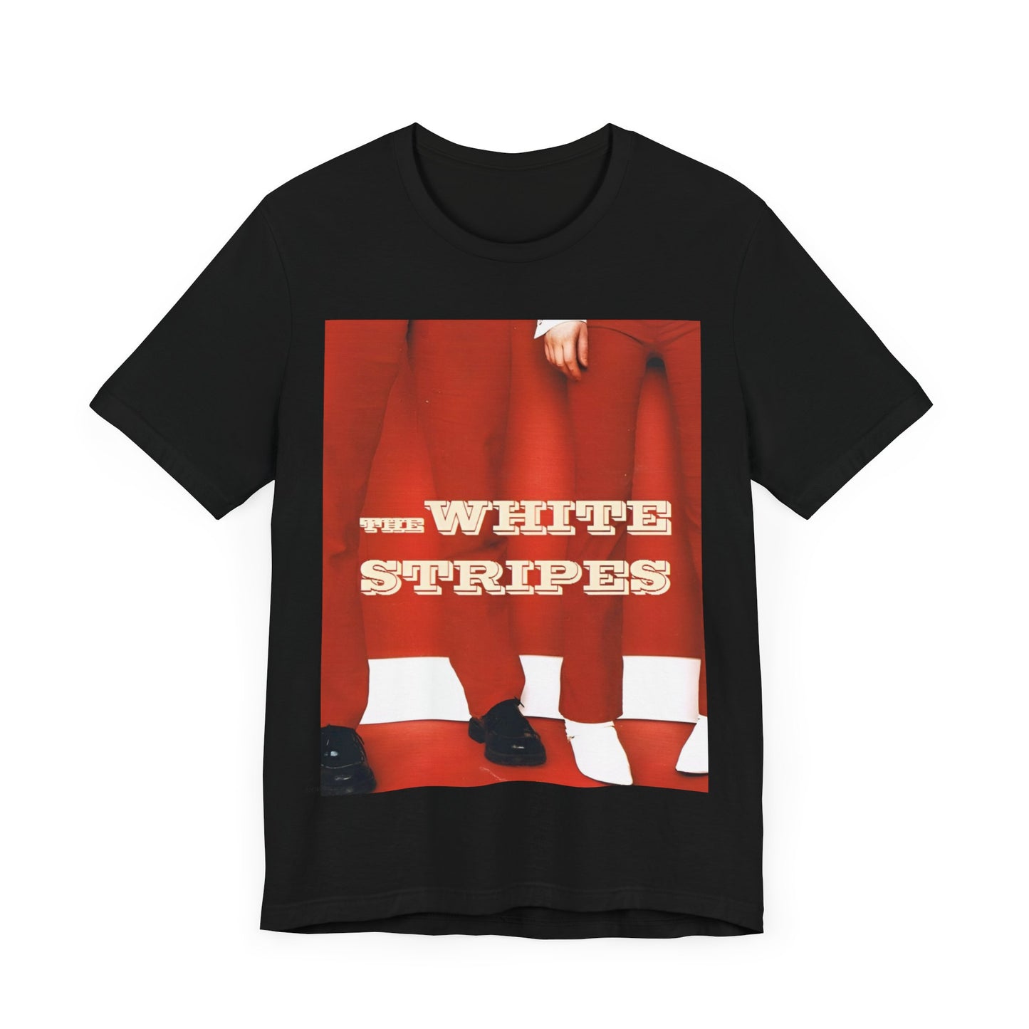 A black graphic t-shirt featuring a red and white signature graphic of The White Stripes.