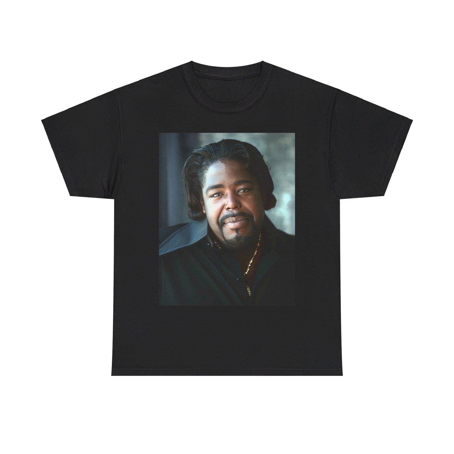 A black graphic t-shirt featuring a retro pop art portrait graphic of Barry White from the 1970s.