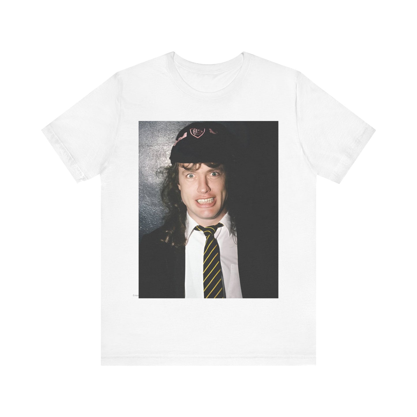 A black vintage-style graphic t-shirt featuring a stylized image of AC/DC's Angus Young playing guitar, with a distressed or retro aesthetic.