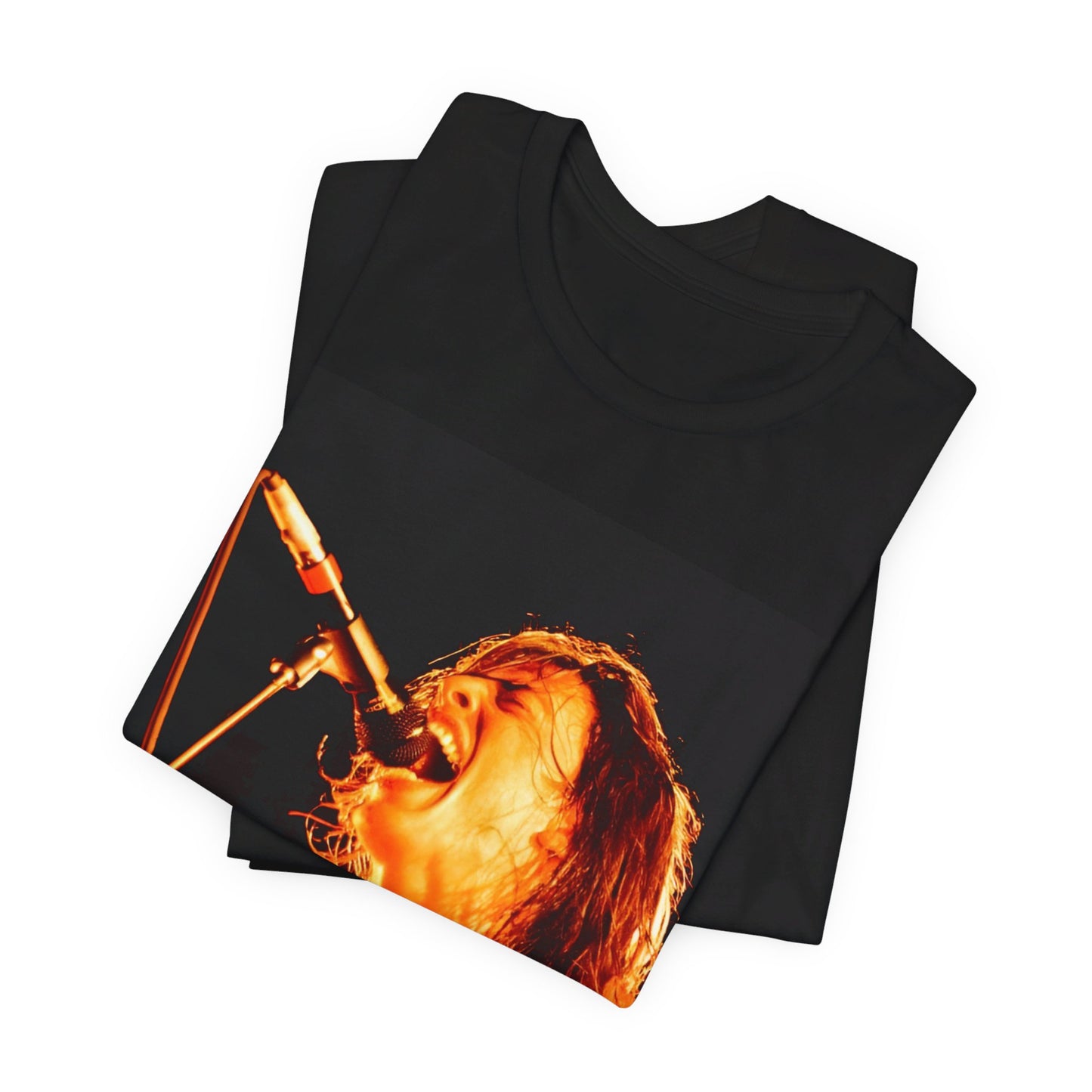 A black graphic t-shirt featuring a vintage grunge rock graphic of Foo Fighters.