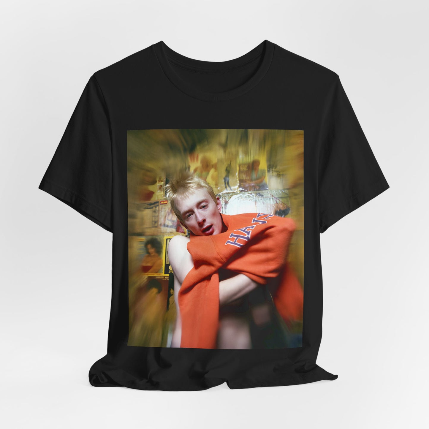 A black graphic t-shirt featuring a rock aesthetic graphic of Radiohead.
