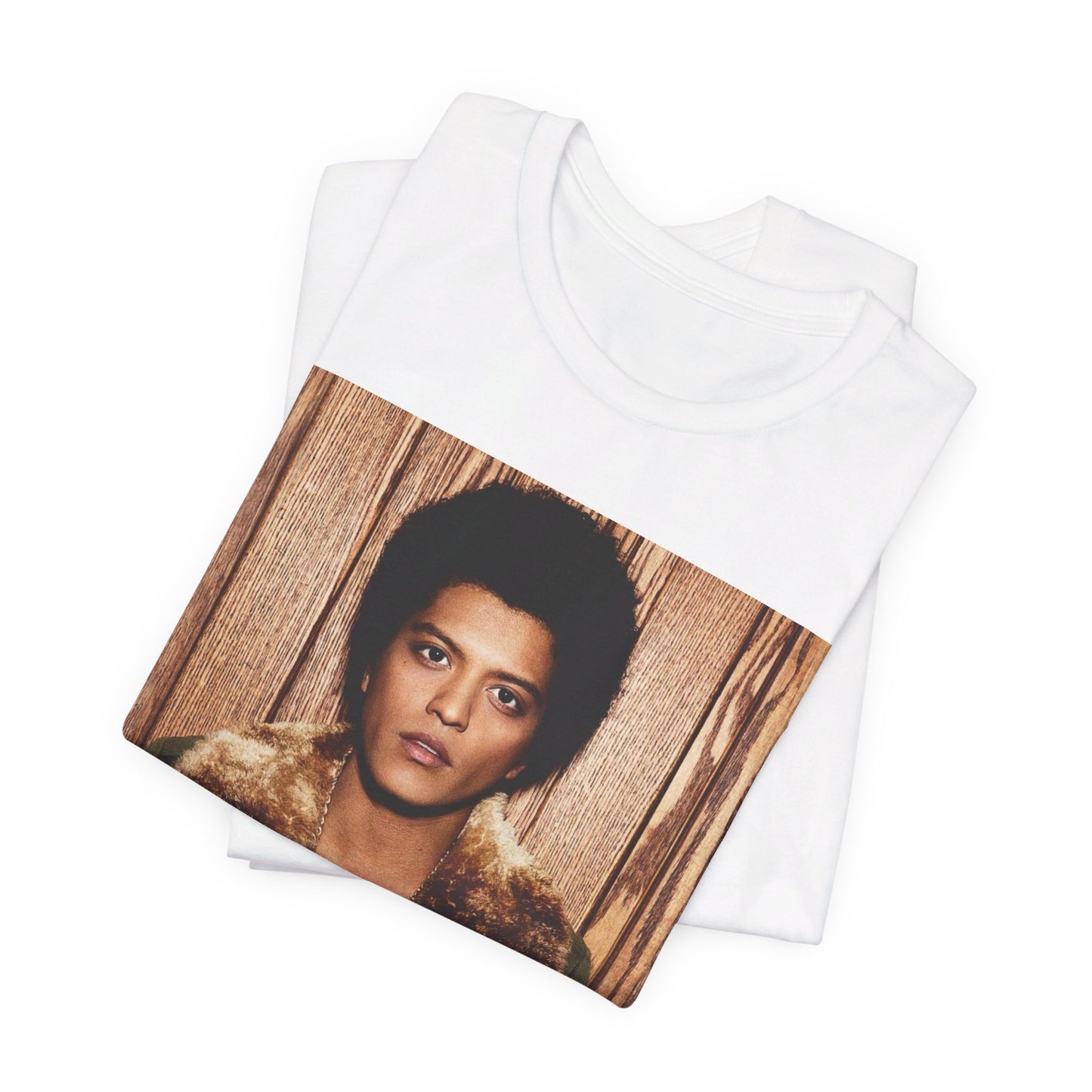 A black graphic t-shirt featuring a graphic related to Bruno Mars' "Just the Way You Are" song or era.