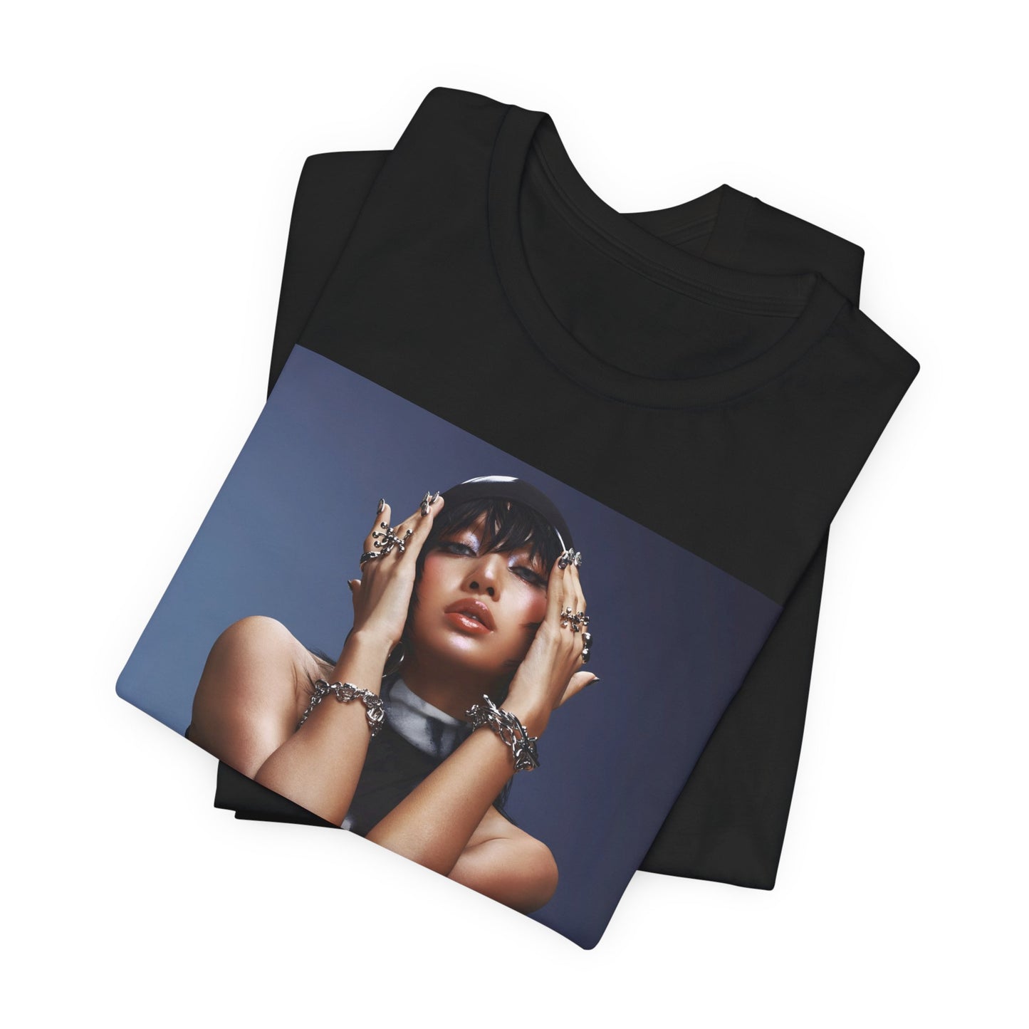 A black graphic t-shirt featuring a bold visual graphic of Lisa from K-Pop.