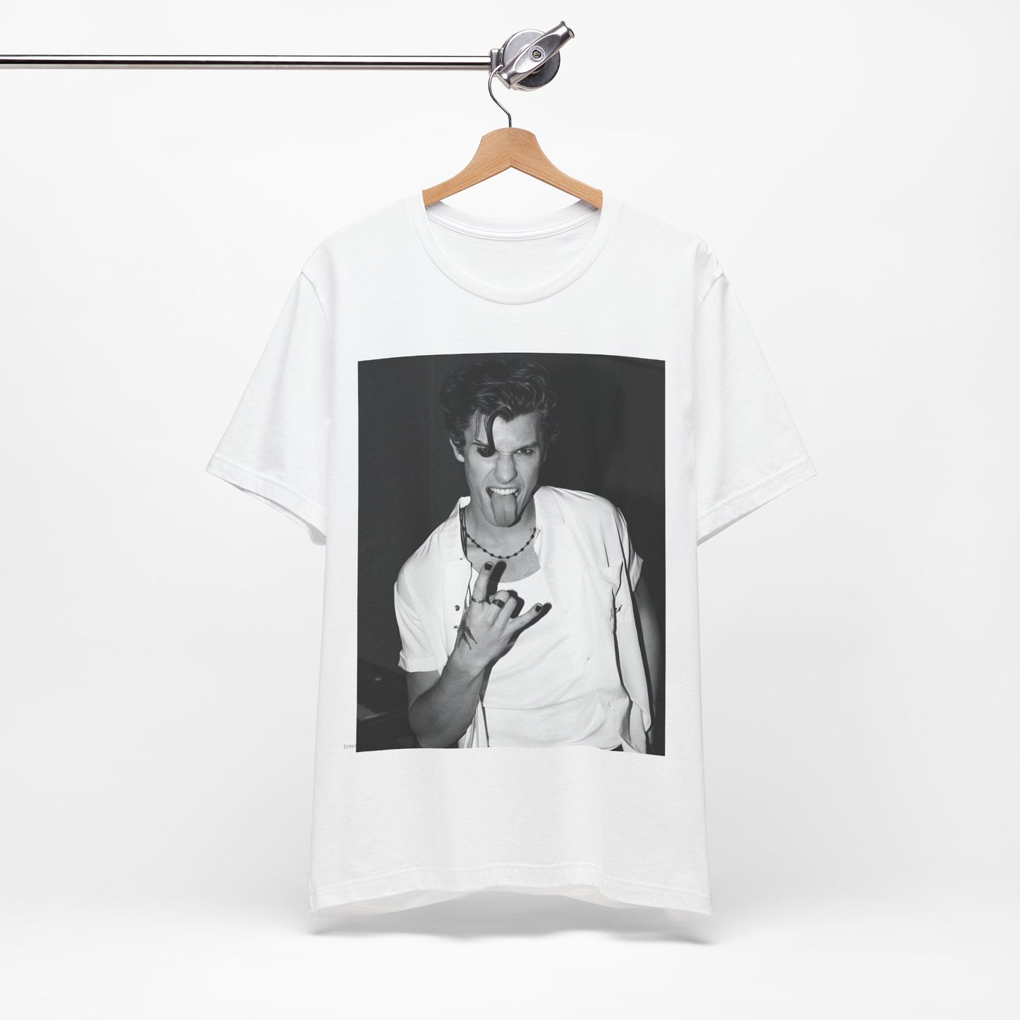 A black graphic t-shirt featuring a casual black and white fan graphic of Shawn Mendes.
