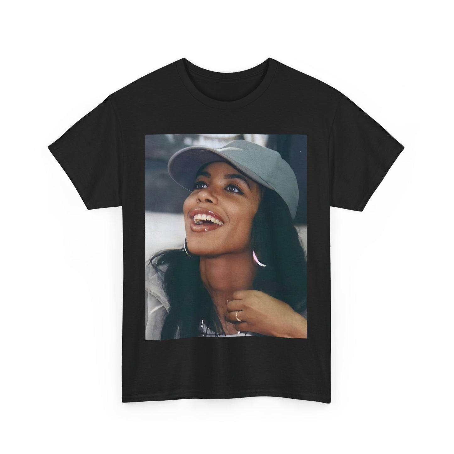 A black graphic t-shirt featuring a vintage street style icon graphic of Aaliyah.