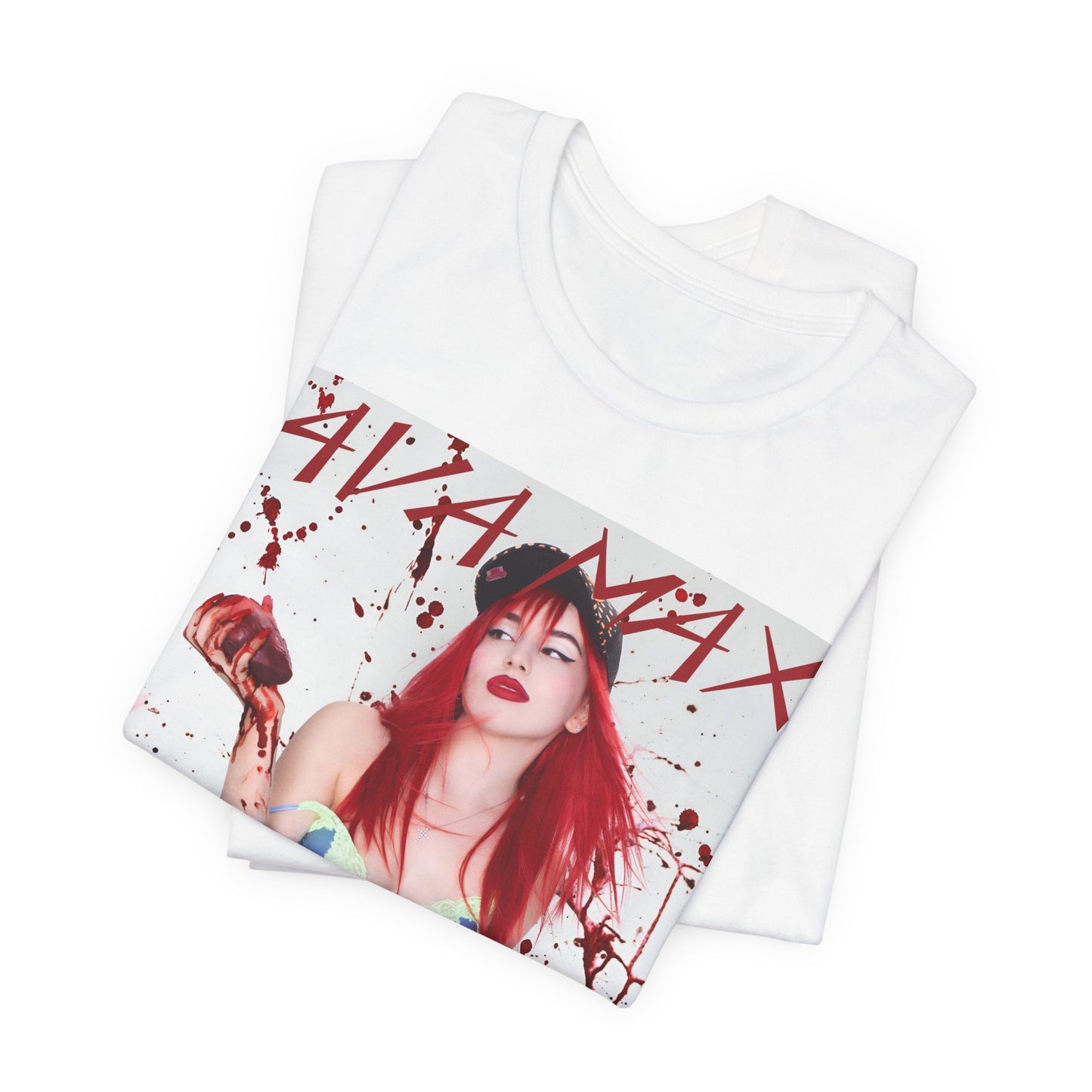 A black graphic t-shirt featuring a bold and vibrant pop art style graphic of Ava Max.