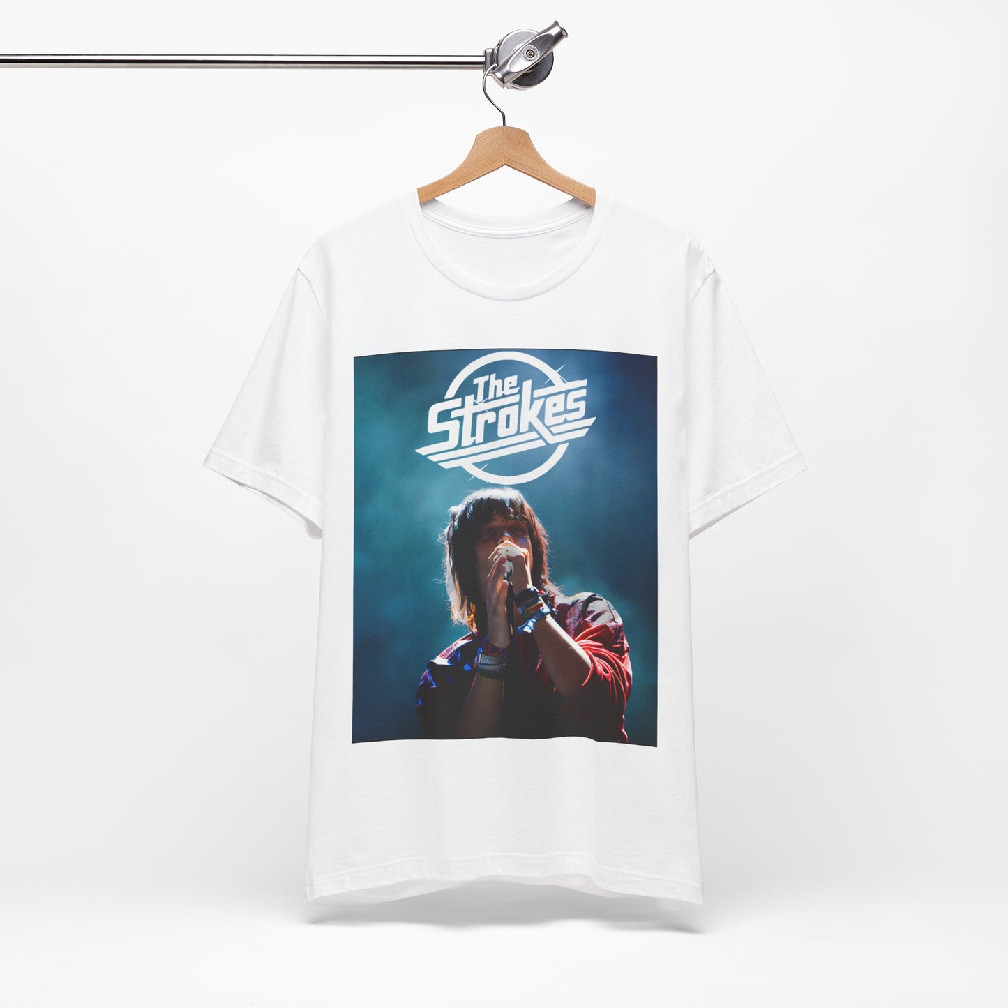 A black graphic t-shirt featuring a portrait or graphic of Julian Casablancas from The Strokes.