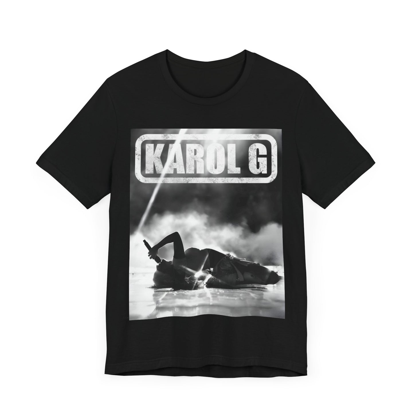 A black graphic t-shirt featuring a black and white graphic or photo of Karol G performing live on stage.