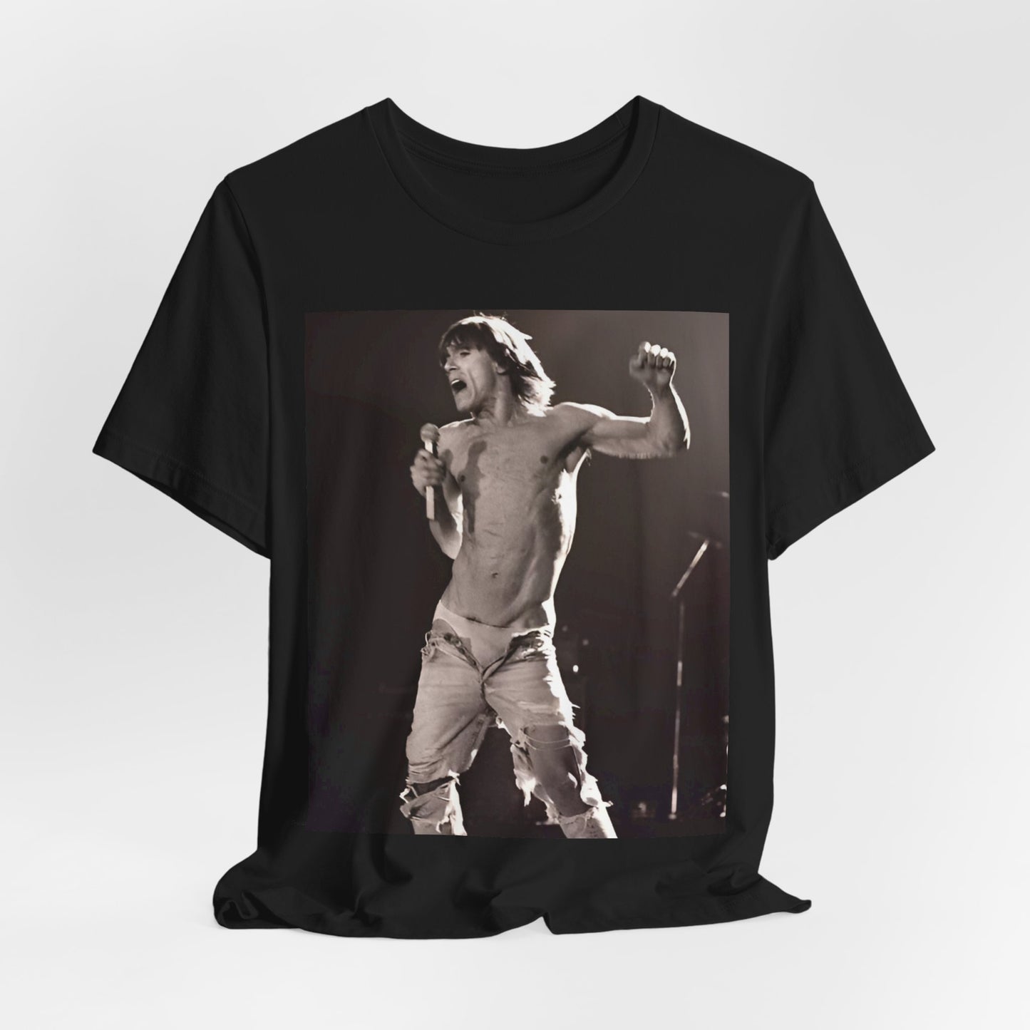 A black graphic t-shirt featuring a black and white graphic or photo of Iggy Pop performing live on stage.