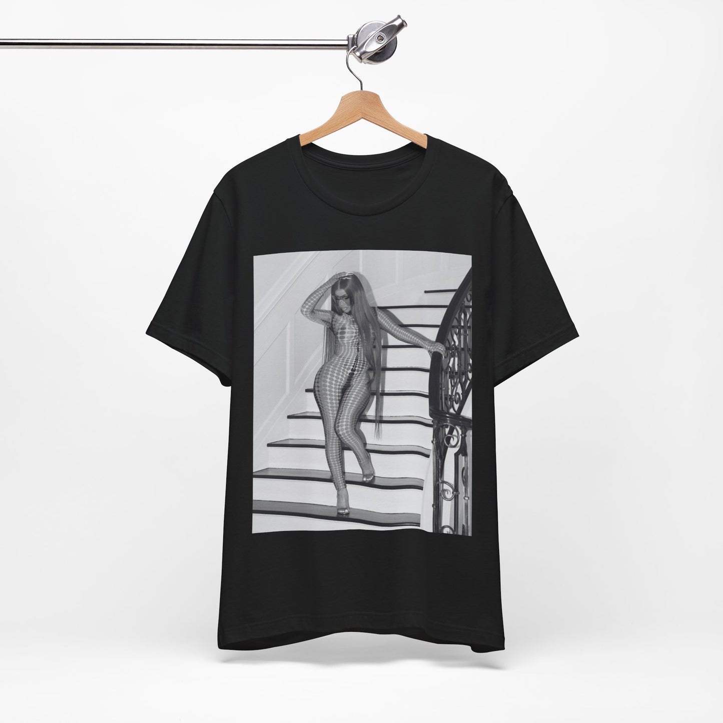 A black graphic t-shirt featuring a graphic of Cardi B as an authentic culture icon.