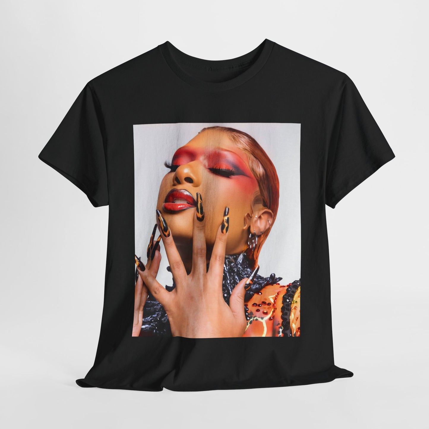 A black graphic t-shirt featuring a graphic related to Megan Thee Stallion's 'WAP' song or era.