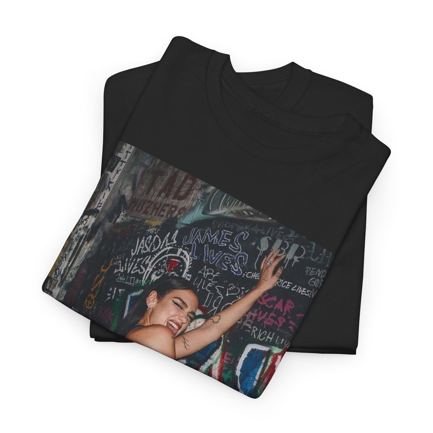 A black graphic t-shirt featuring a retro graphic inspired by Dua Lipa's "Future Nostalgia" album.
