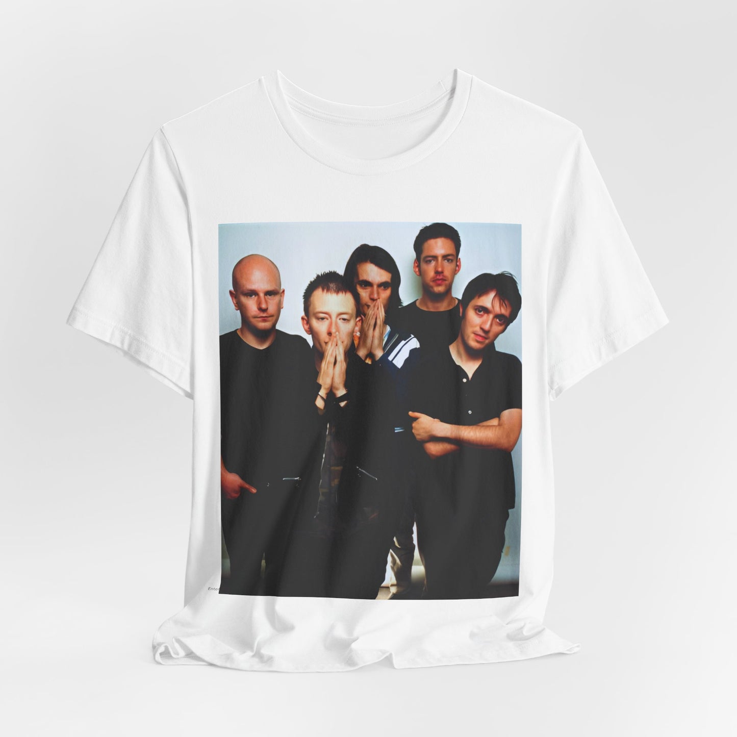A black graphic t-shirt featuring a bold alt rock superstar graphic of Radiohead.