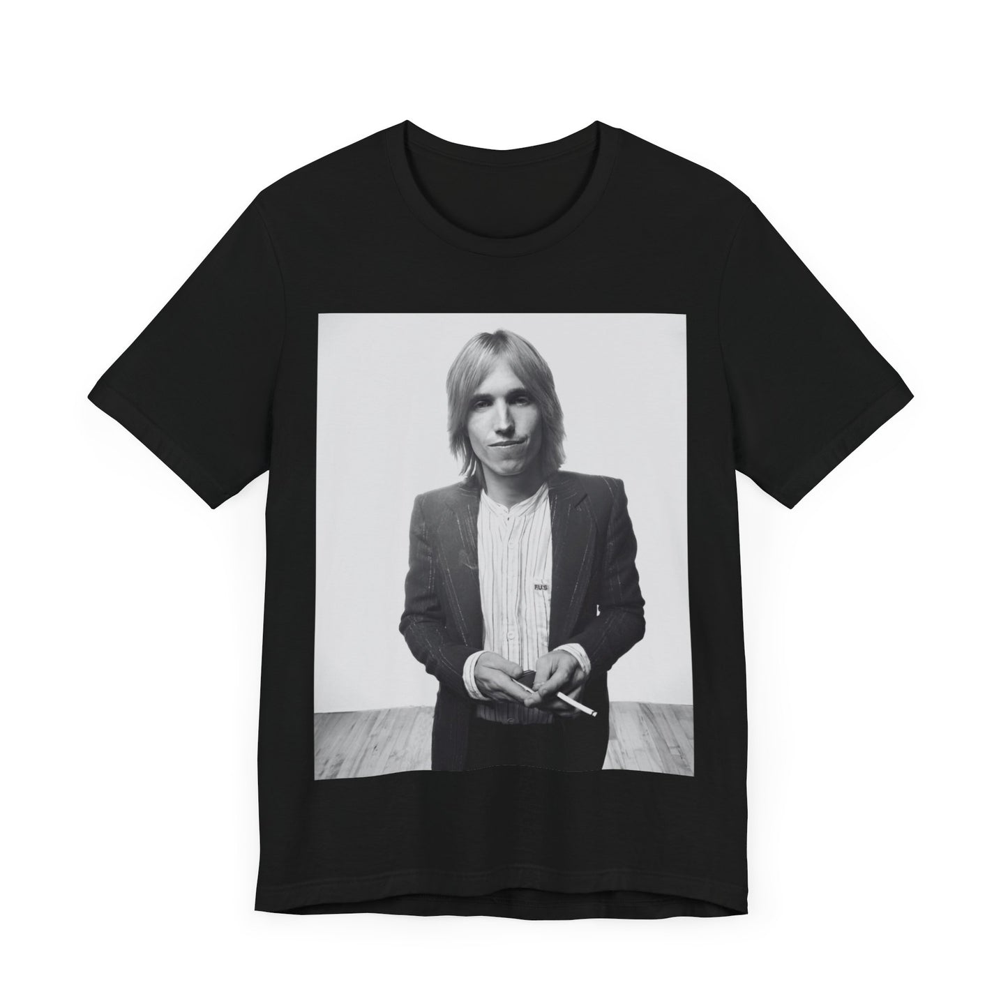 A black graphic t-shirt featuring a graphic of Tom Petty with rock legend vibes.