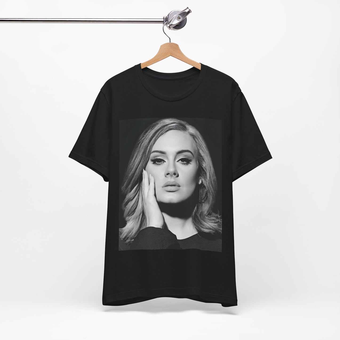A black graphic t-shirt featuring a studio portrait of Adele from her '25' album era, showing a poised and thoughtful expression with her hair styled elegantly.