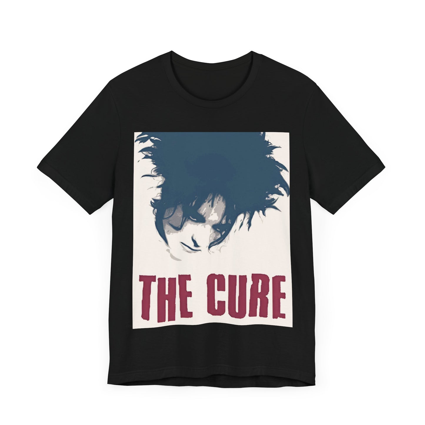 A black graphic t-shirt featuring a graphic related to The Cure's 'Boys Don't Cry' song or era.