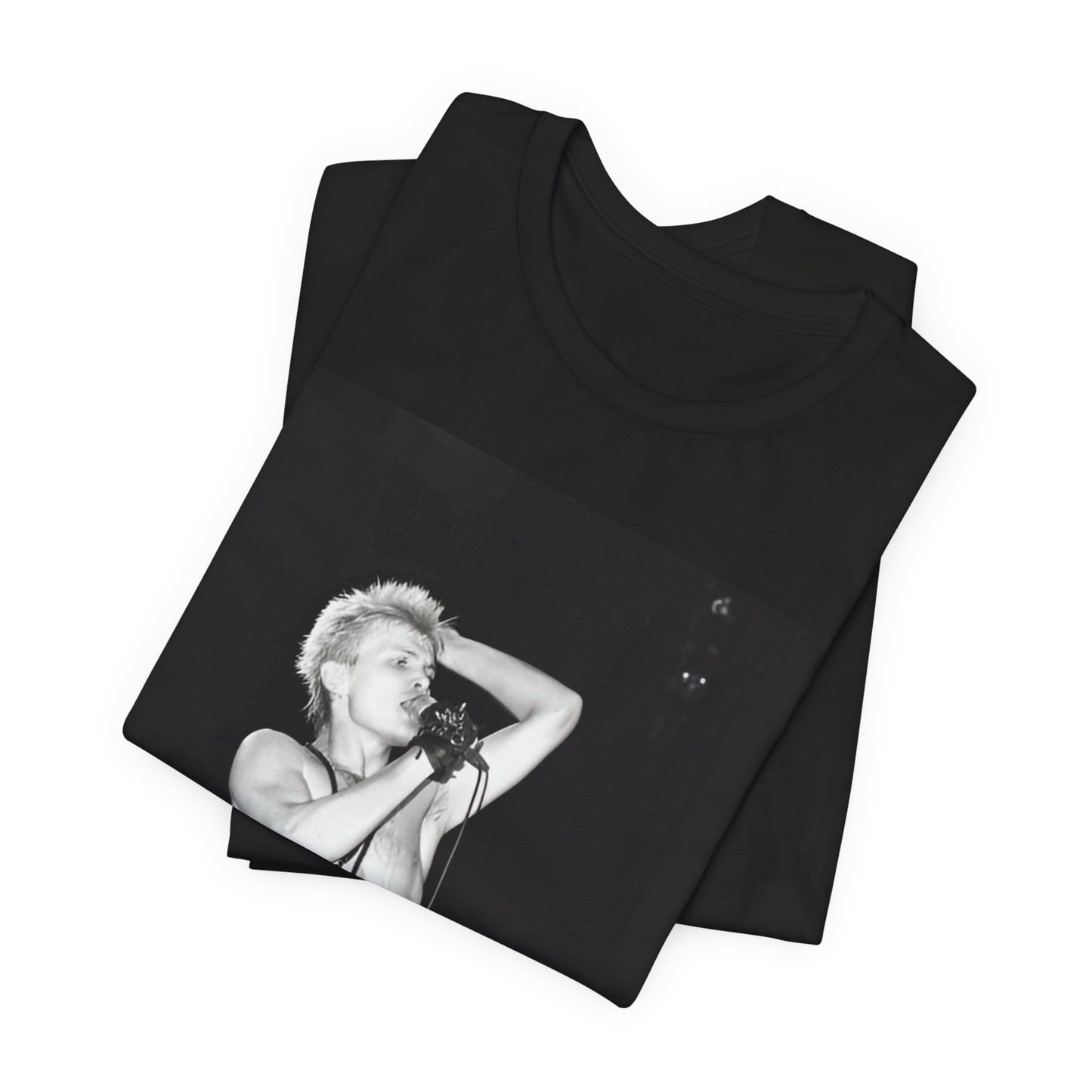 A black graphic t-shirt featuring a graphic related to Billy Idol's 'White Wedding' era, with a distinctive aesthetic.