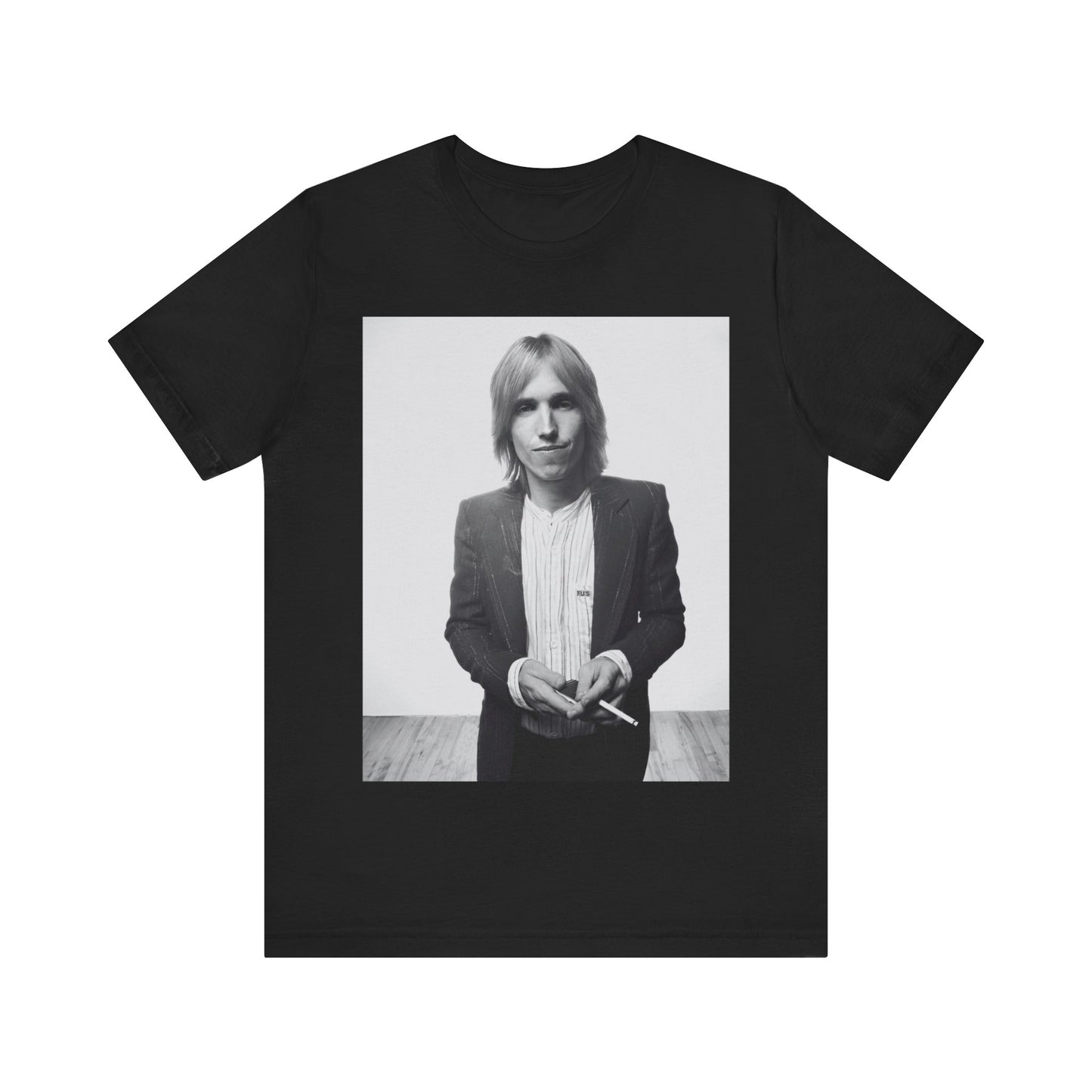 A black graphic t-shirt featuring a graphic of Tom Petty with rock legend vibes.