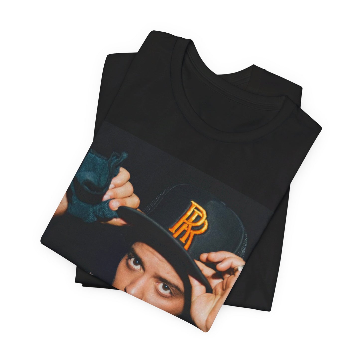 A black graphic t-shirt featuring a vintage photo of Bruno Mars wearing a hat or cap with 'RR' initials.