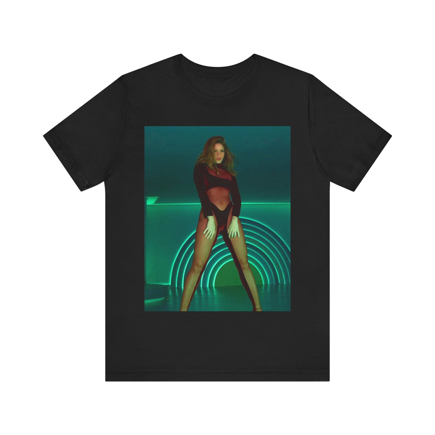 A black graphic t-shirt featuring a graphic of Shakira as the Queen of the Dance Floor.