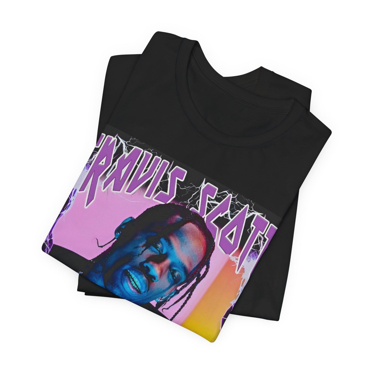 A black graphic t-shirt featuring a retro bootleg graphic of Travis Scott.