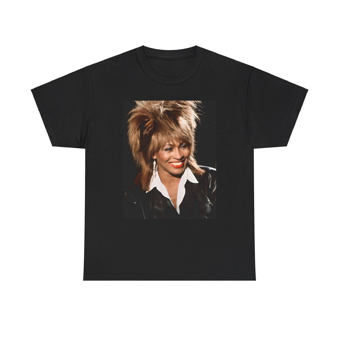 A black graphic t-shirt featuring a nostalgic graphic of Tina Turner as the Queen of Rock.