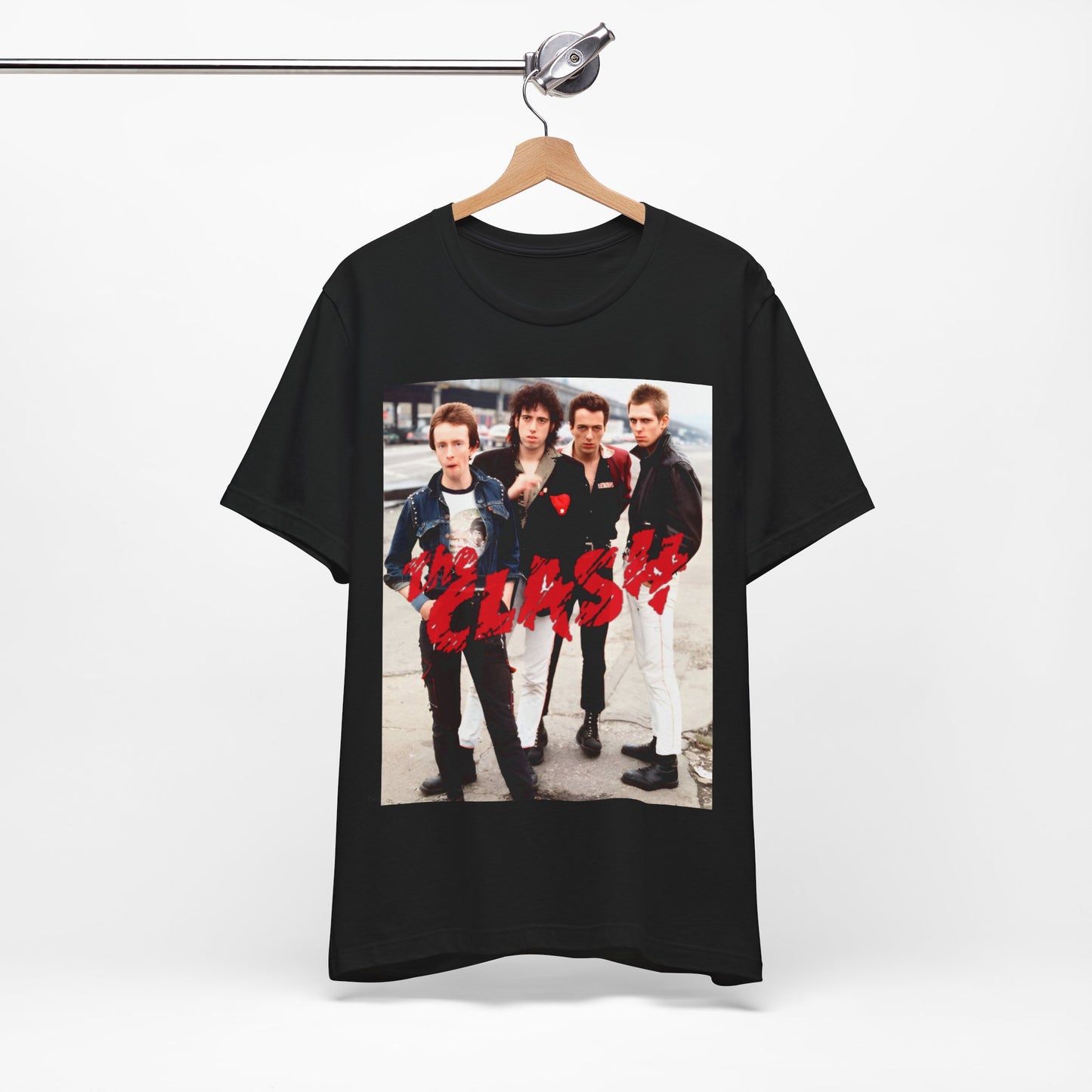 A black graphic t-shirt featuring a graphic of The Clash with an everyday punk style aesthetic.