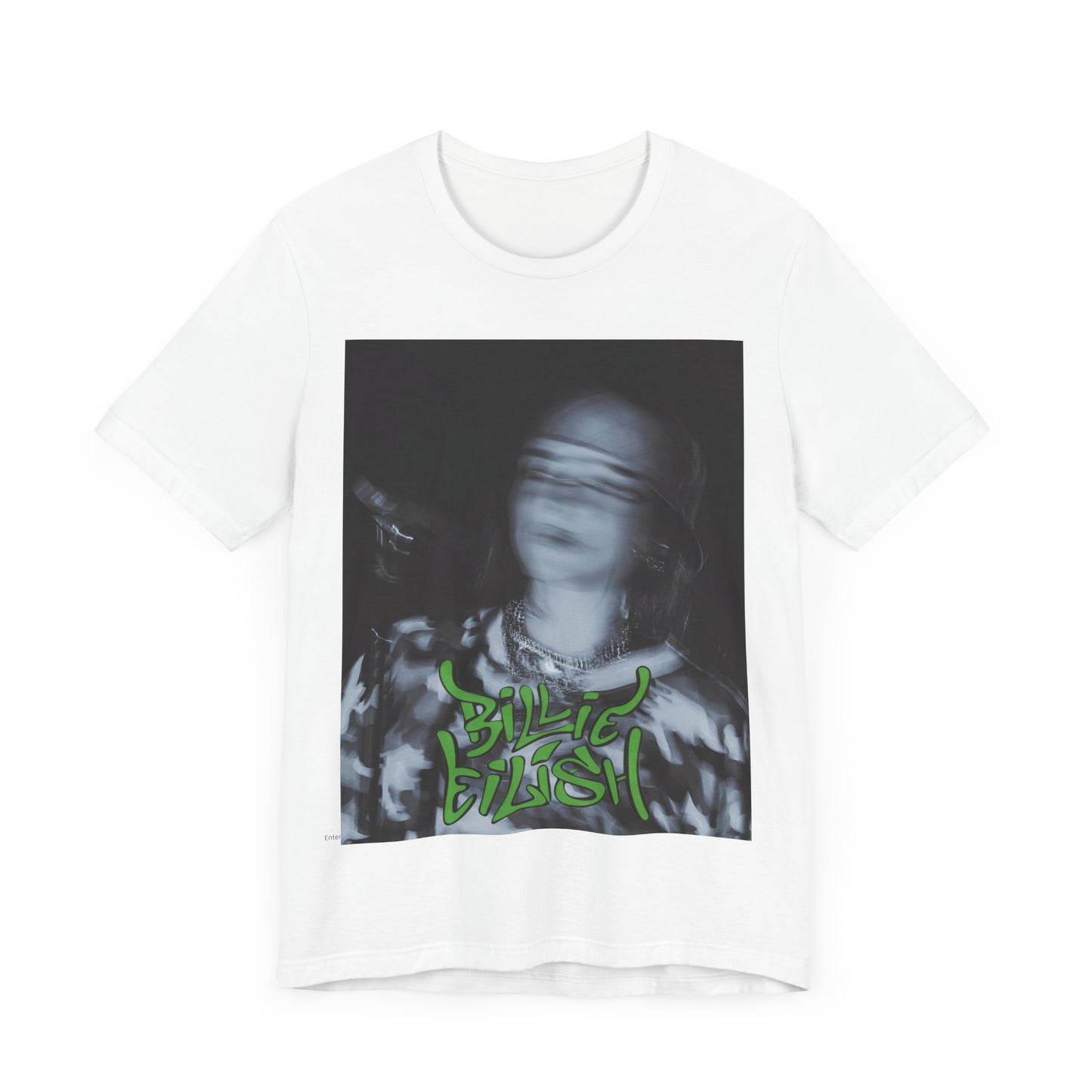 A photo of Billie Eilish in a classic 'anti-popstar' pose, with a bored expression and slouchy streetwear, printed on a graphic t-shirt.