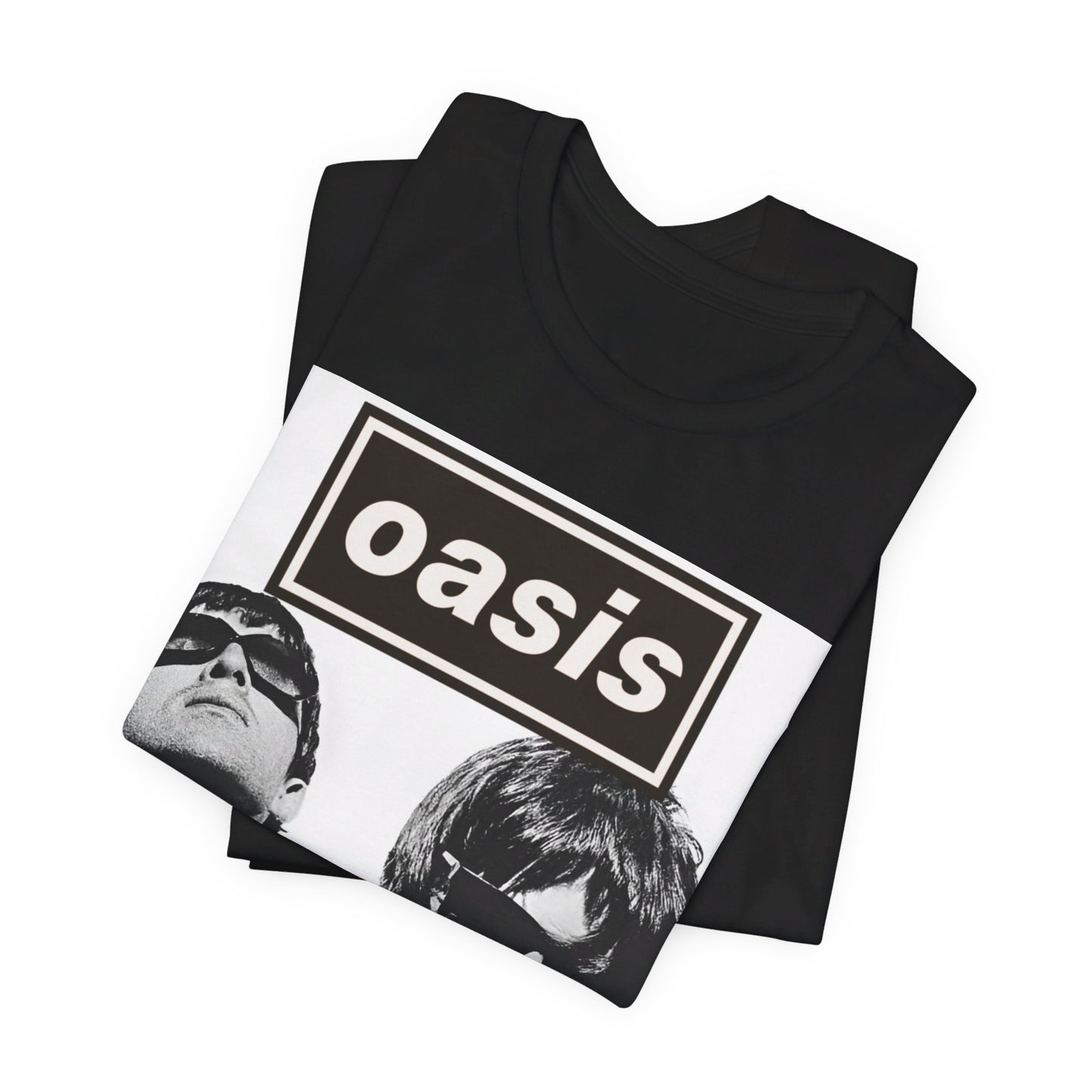 A black graphic t-shirt featuring a bold rock superstar graphic of Oasis.