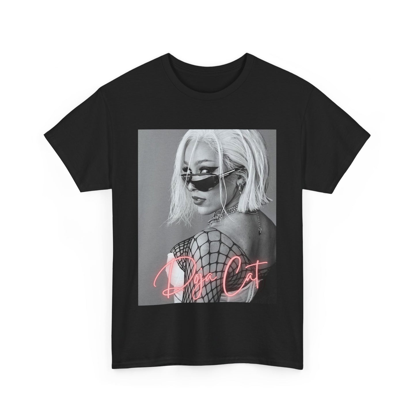 A black graphic t-shirt featuring a black and white portrait photo of Doja Cat.