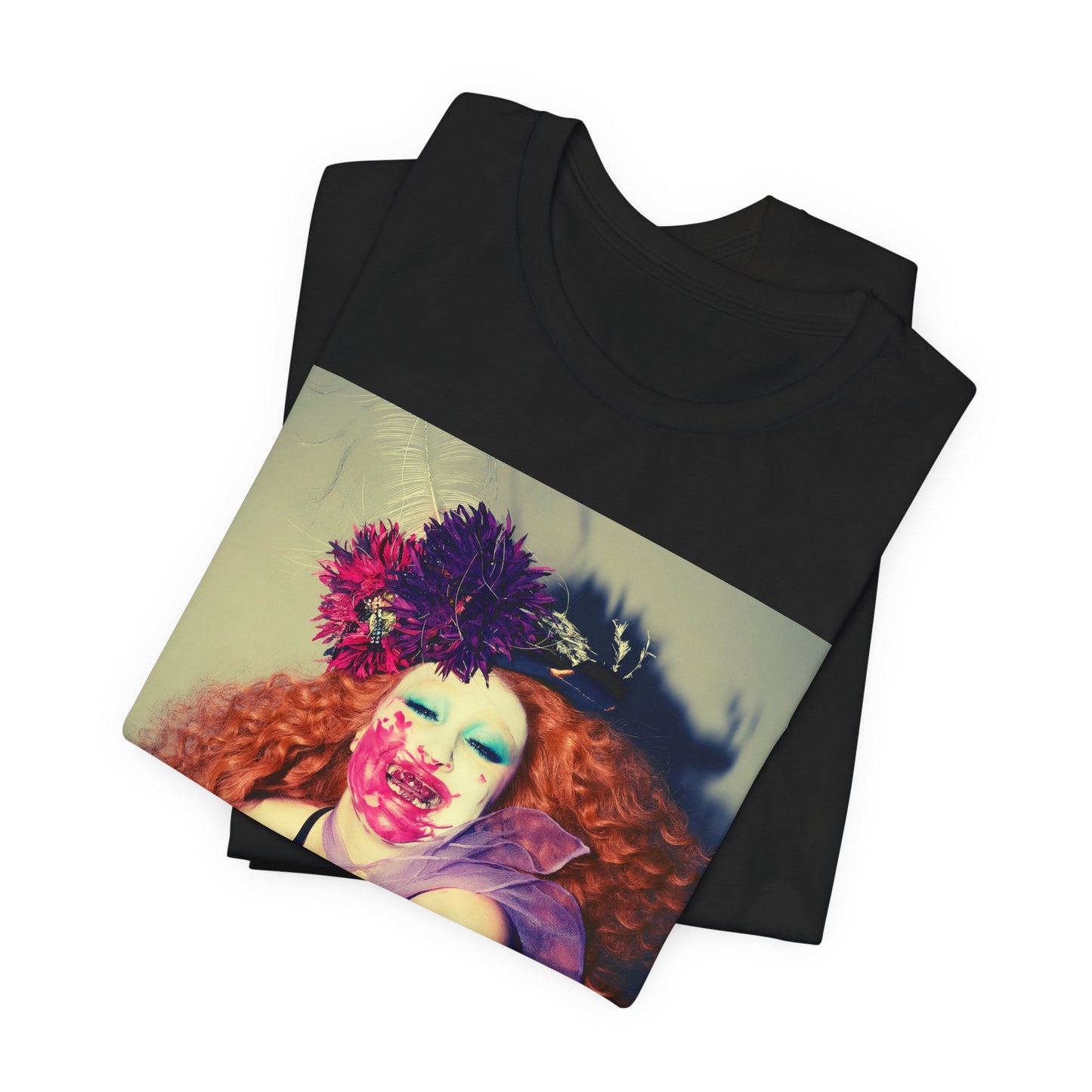 A black graphic t-shirt featuring a retro graphic related to Chappell Roan's 'Pink Pony Club' era.