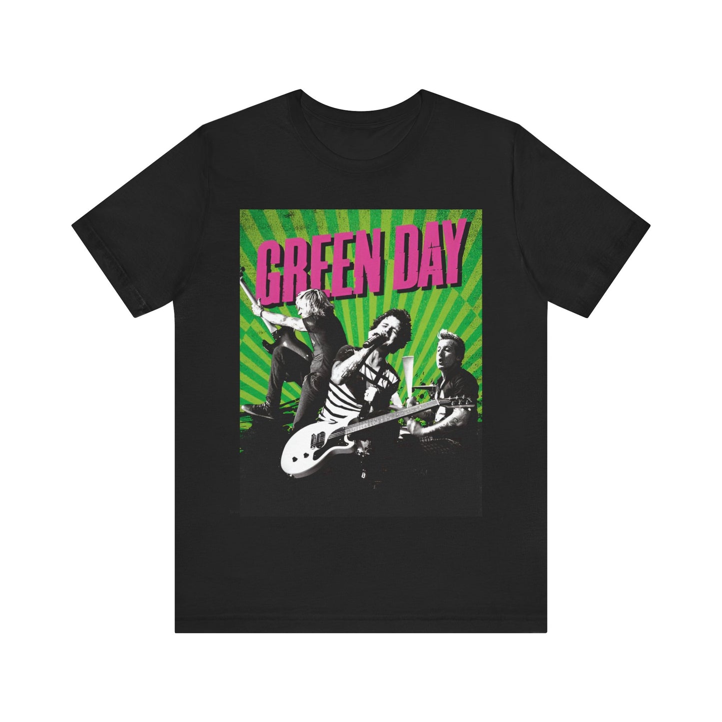 A black graphic t-shirt featuring a graphic related to Green Day's 'Basket Case' song.