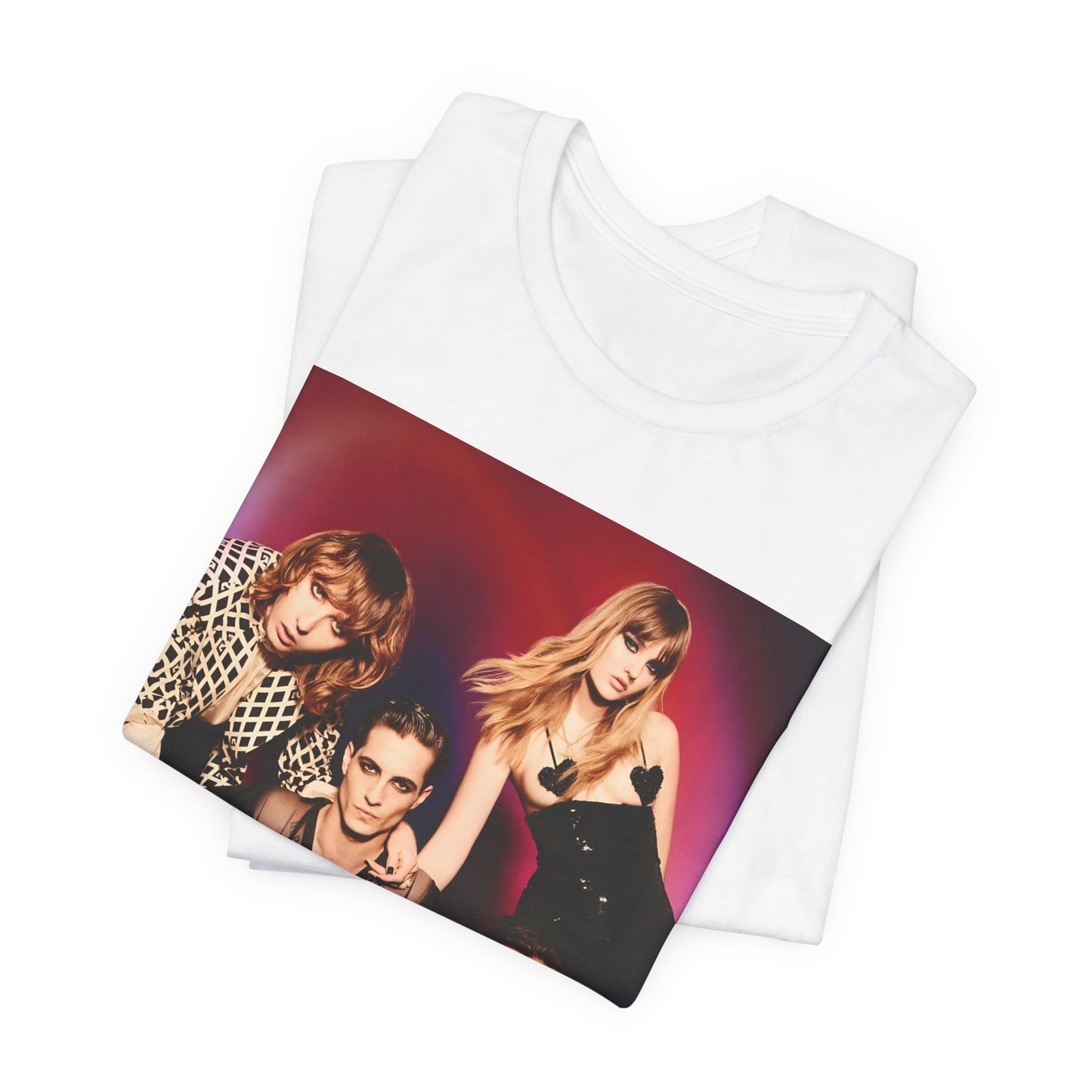 A black graphic t-shirt featuring a vintage glam rock graphic of Maneskin.