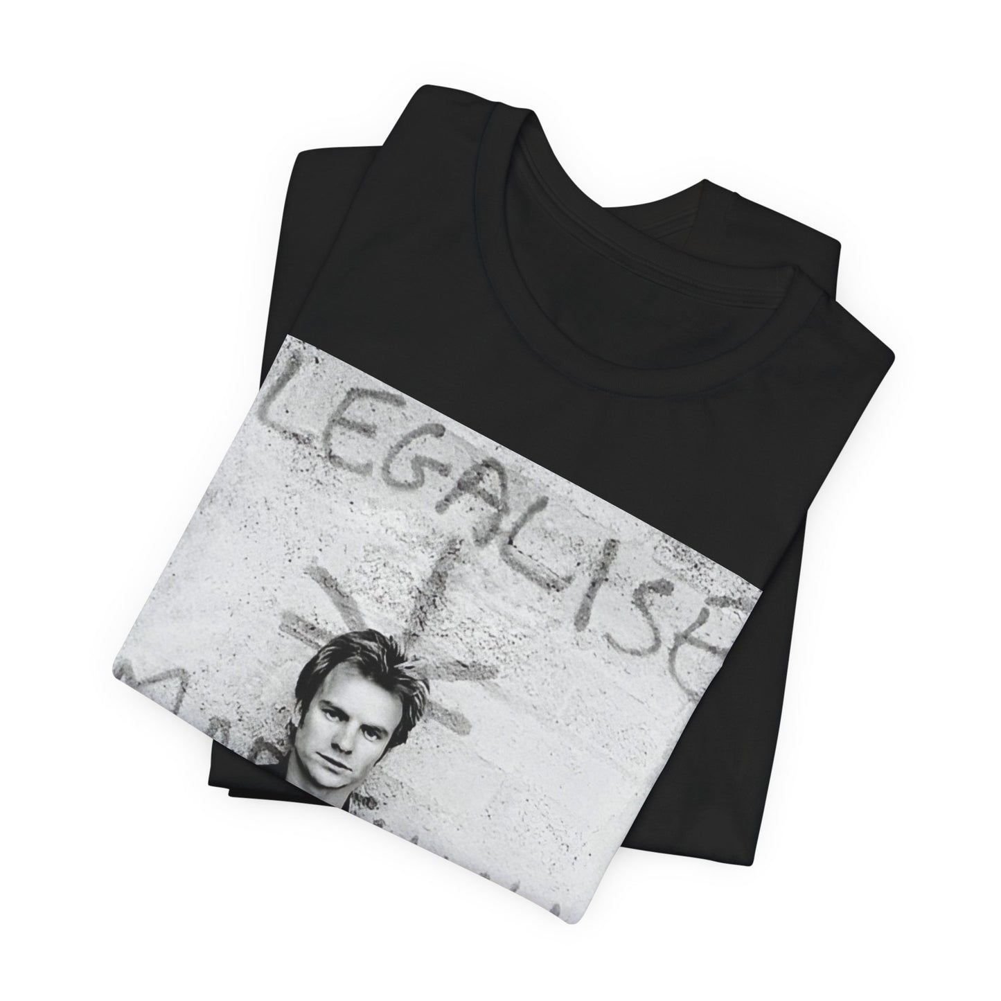 A black graphic t-shirt featuring a graphic of The Police with reggae-influenced pop elements.