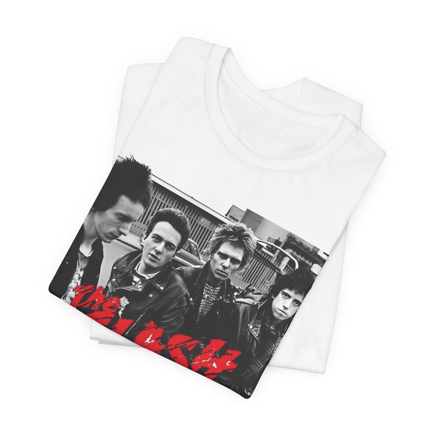 A black graphic t-shirt featuring a graphic of The Clash as punk rock pioneers.