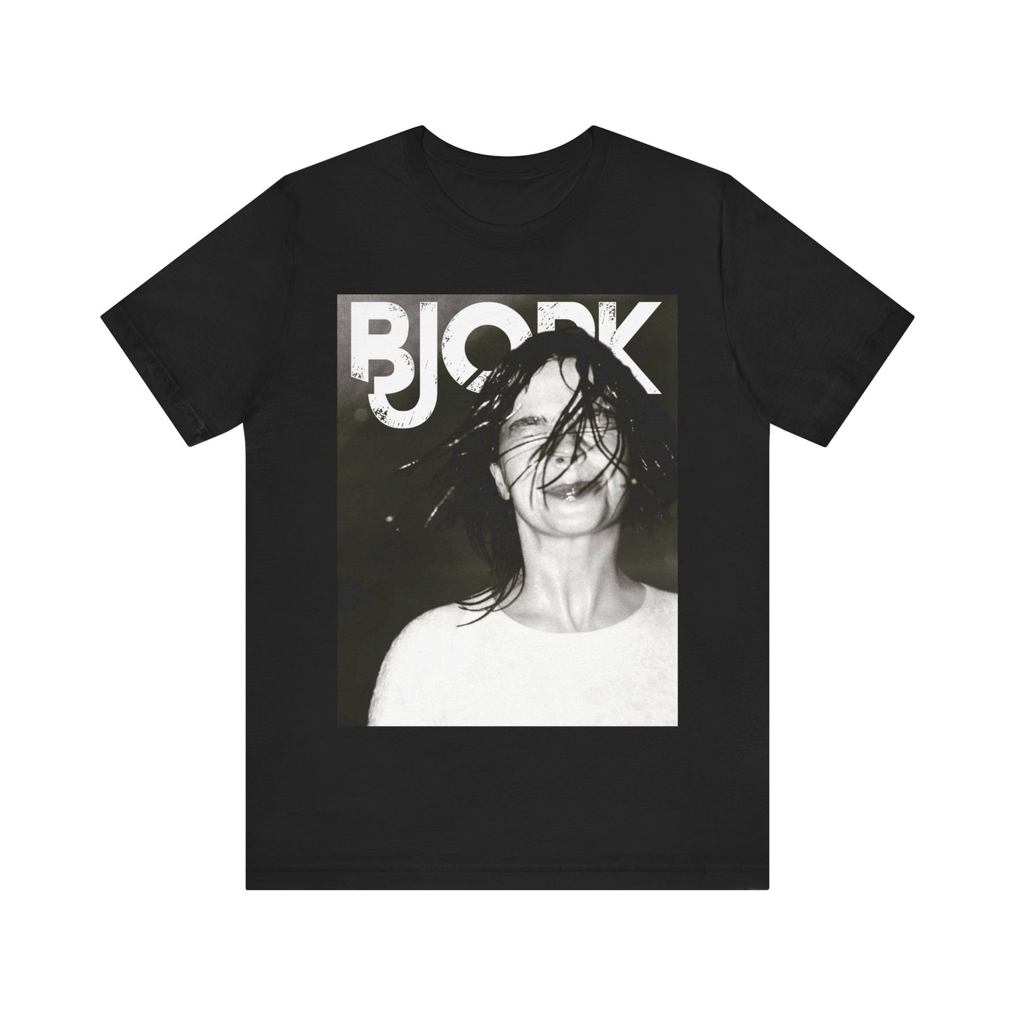 A black graphic t-shirt featuring a dark, artistic graphic of Bjork, possibly with a mysterious or otherworldly feel.