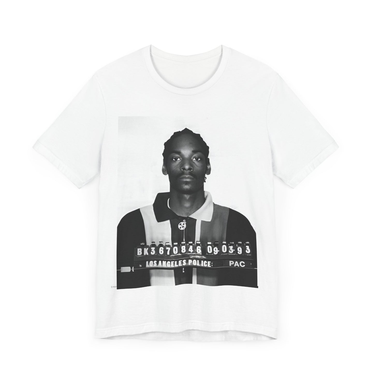 A black graphic t-shirt featuring a graphic of Snoop Dogg's mug shot.