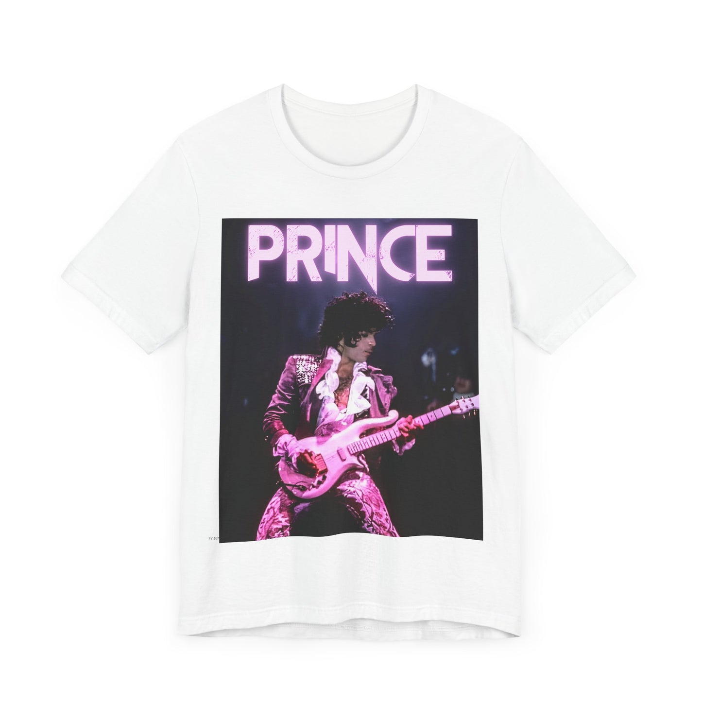 A black graphic t-shirt featuring an 80s pop genius graphic of Prince.