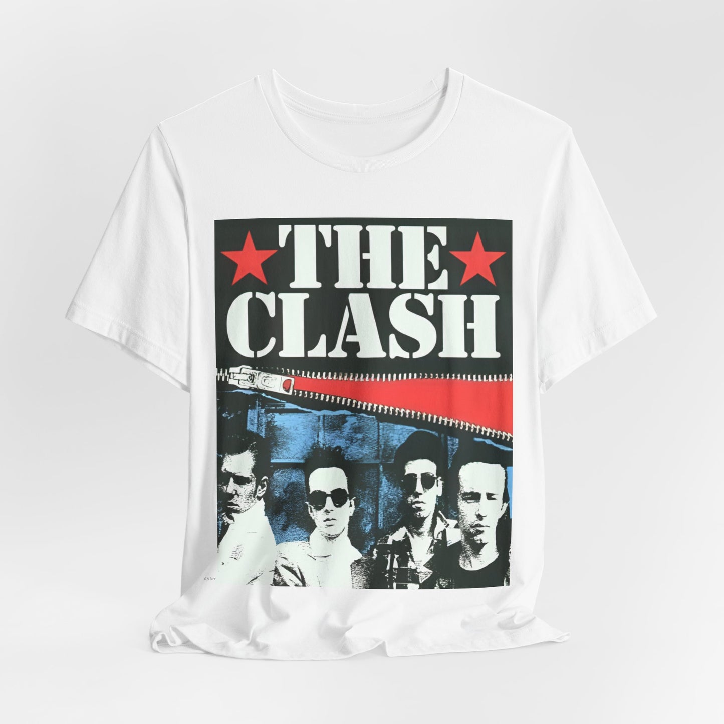 A black graphic t-shirt featuring a casual punk fan graphic of The Clash.