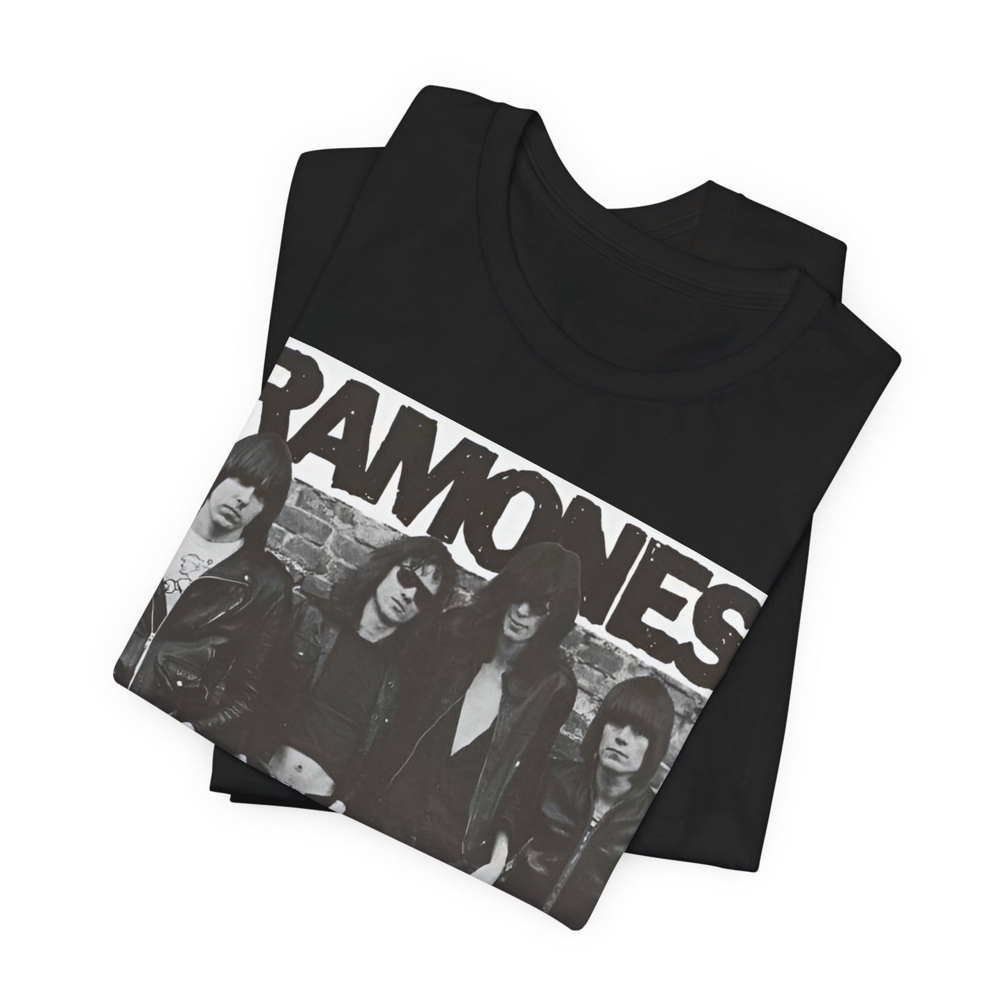 A black graphic t-shirt featuring a 70s vintage punk rock graphic of the Ramones.