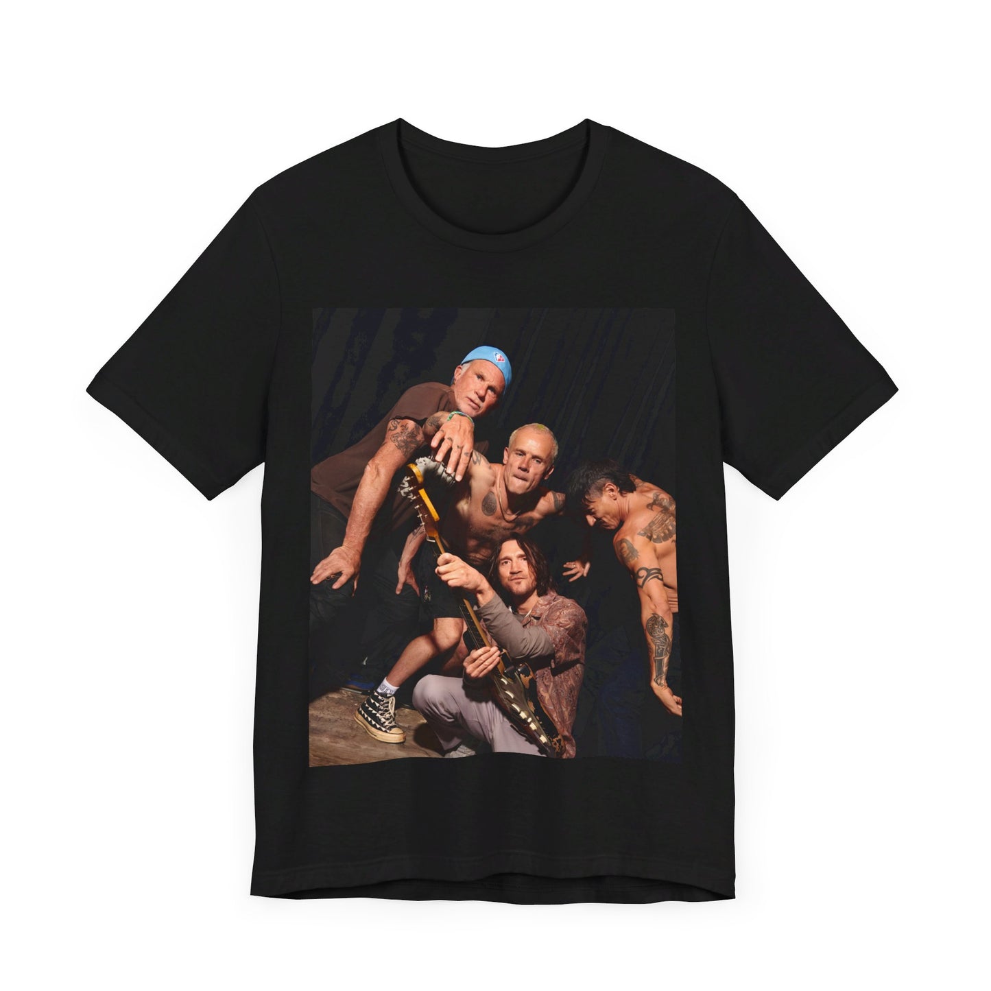 A black graphic t-shirt featuring a psychedelic vibes graphic related to Red Hot Chili Peppers.