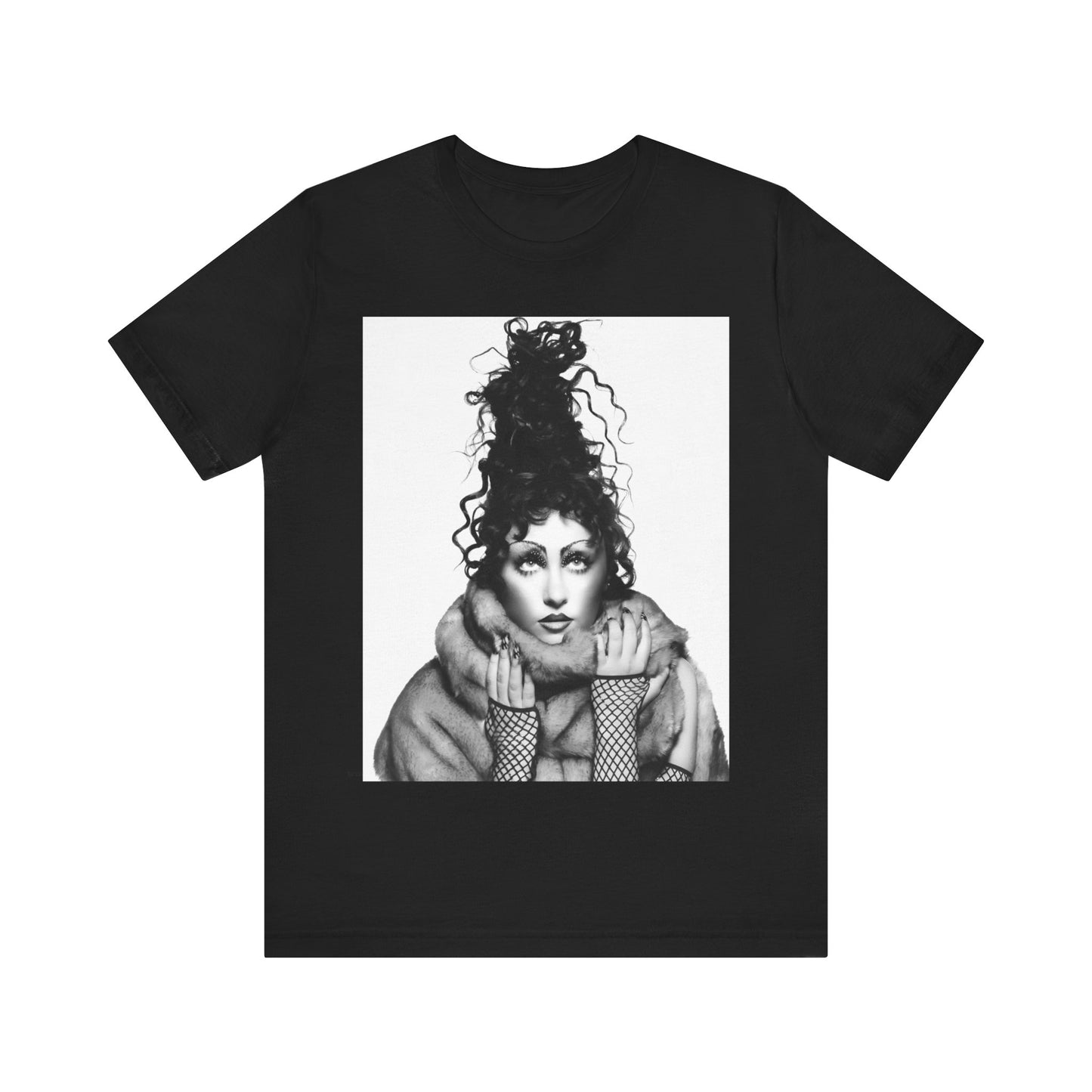 A black graphic t-shirt featuring a graphic of Chappell Roan as a pop diva.