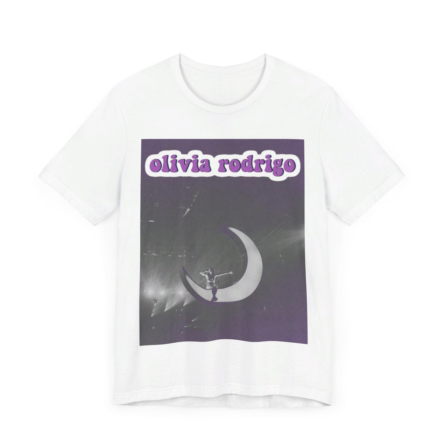 A black graphic t-shirt featuring a graphic or photo of Olivia Rodrigo performing live on stage.